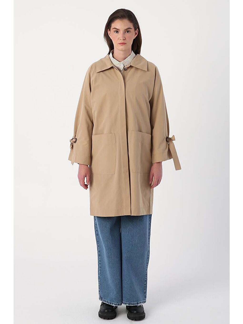 Bej-Kol Bağlama Detaylı Trençkot-1