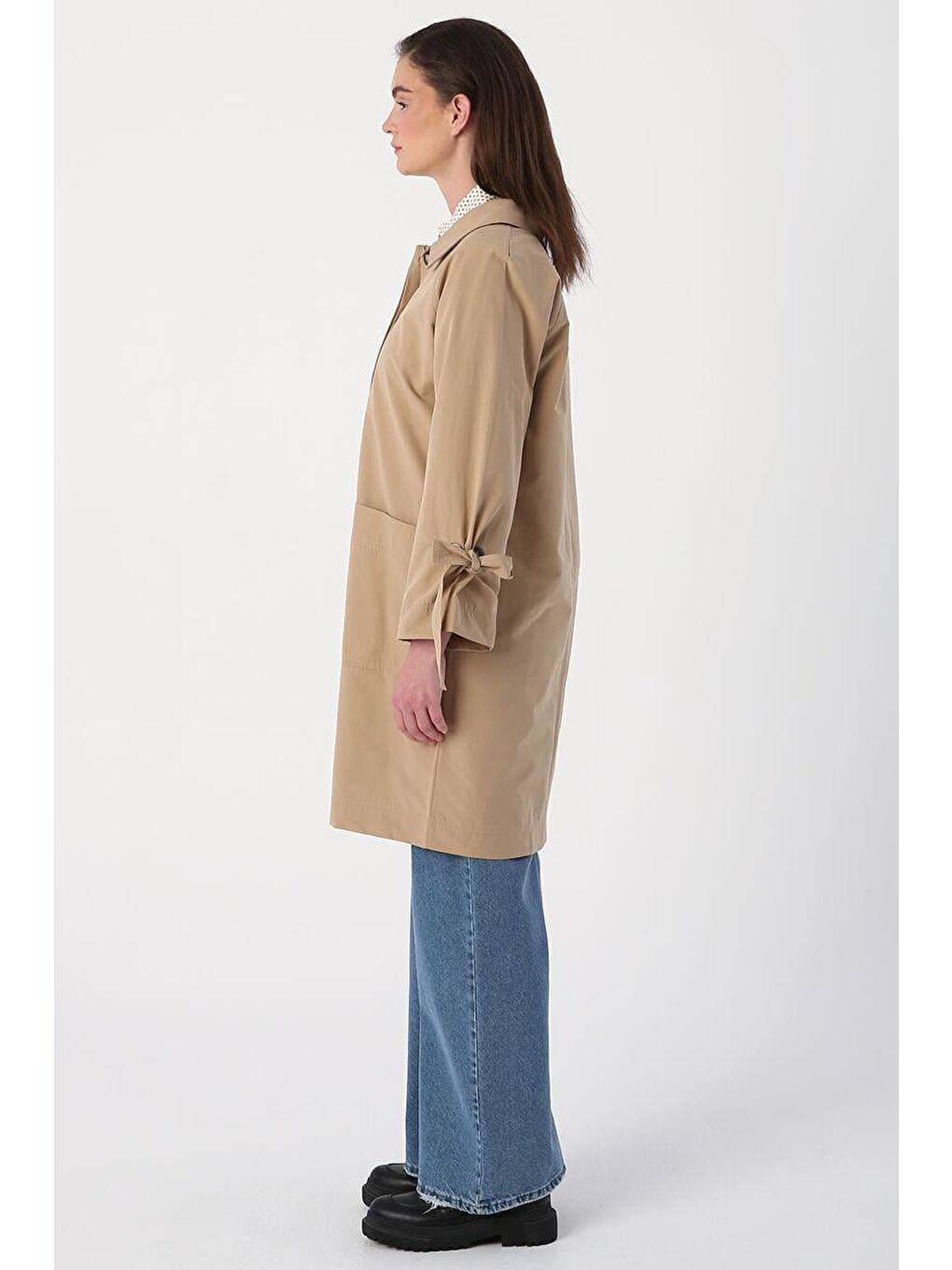 Bej-Kol Bağlama Detaylı Trençkot-2