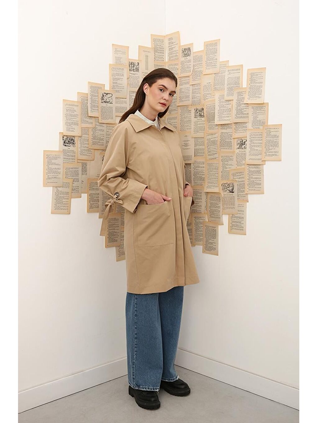 Bej-Kol Bağlama Detaylı Trençkot-4