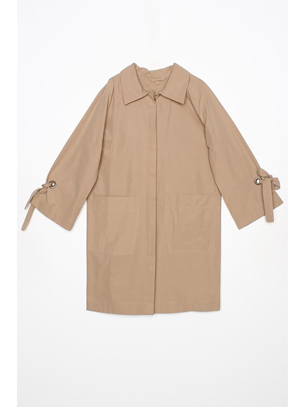 Bej-Kol Bağlama Detaylı Trençkot-5