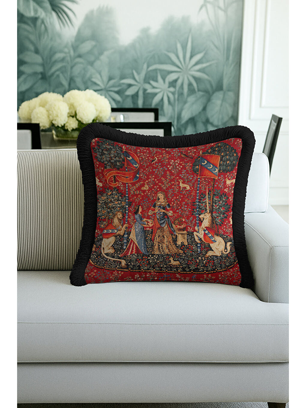 Karışık Ortaçağ Goblen Sanatı Saçaklı Yastık Kılıfı - Gotik Zenginlik Kırmızı Siyah Püsküllü Kırlent Kılıfı-3