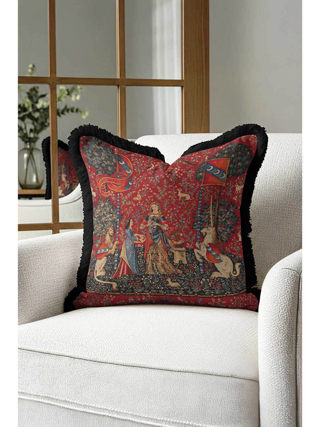 Karışık Ortaçağ Goblen Sanatı Saçaklı Yastık Kılıfı - Gotik Zenginlik Kırmızı Siyah Püsküllü Kırlent Kılıfı-4