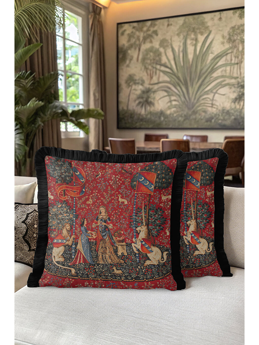 Karışık Ortaçağ Goblen Sanatı Saçaklı Yastık Kılıfı - Gotik Zenginlik Kırmızı Siyah Püsküllü Kırlent Kılıfı-5