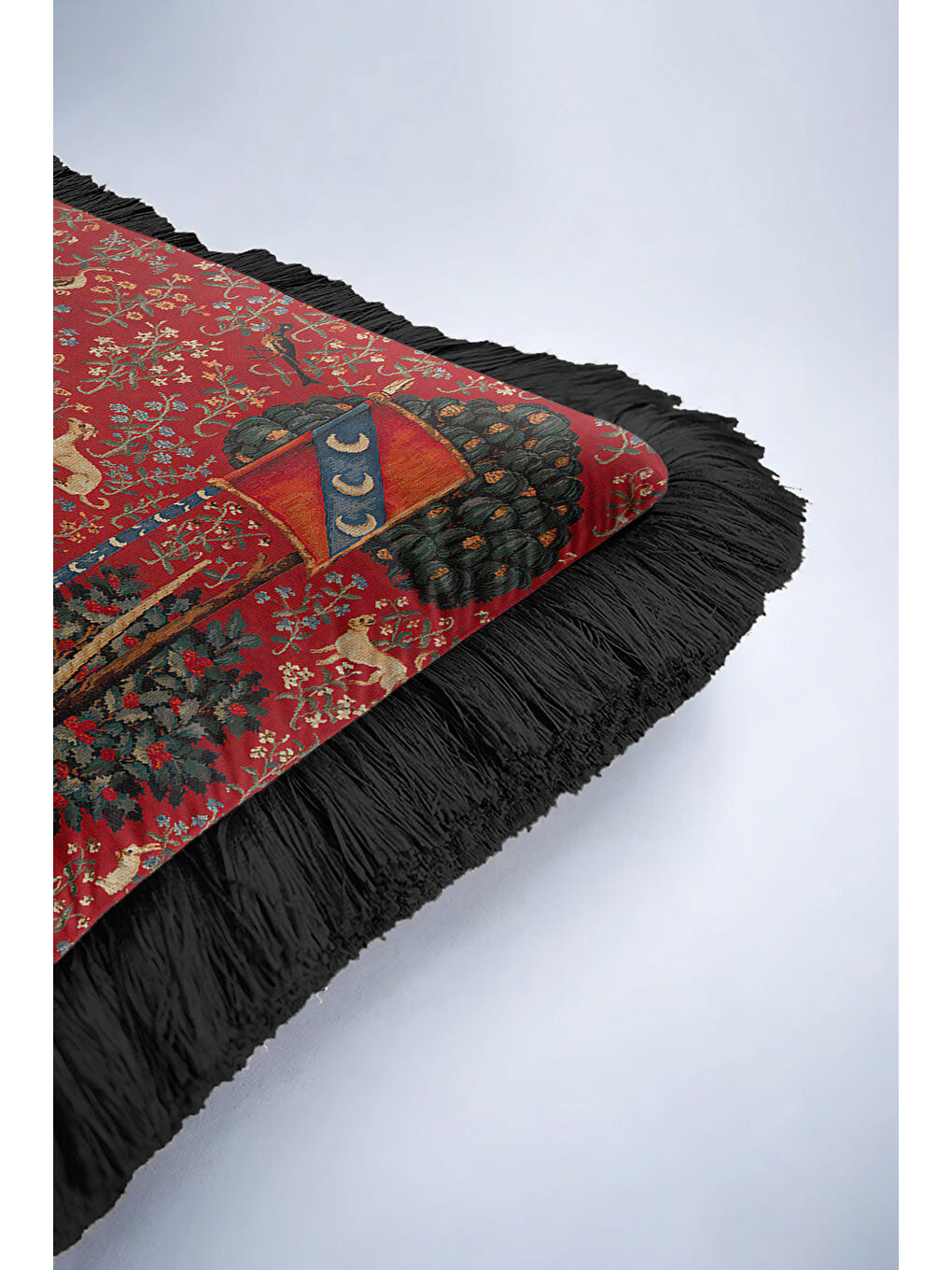 Karışık Ortaçağ Goblen Sanatı Saçaklı Yastık Kılıfı - Gotik Zenginlik Kırmızı Siyah Püsküllü Kırlent Kılıfı-6