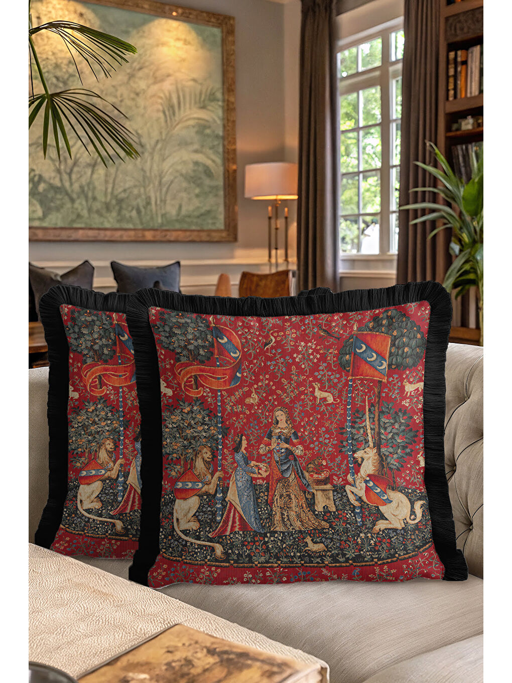 Karışık Ortaçağ Goblen Sanatı Saçaklı Yastık Kılıfı - Gotik Zenginlik Kırmızı Siyah Püsküllü Kırlent Kılıfı-7