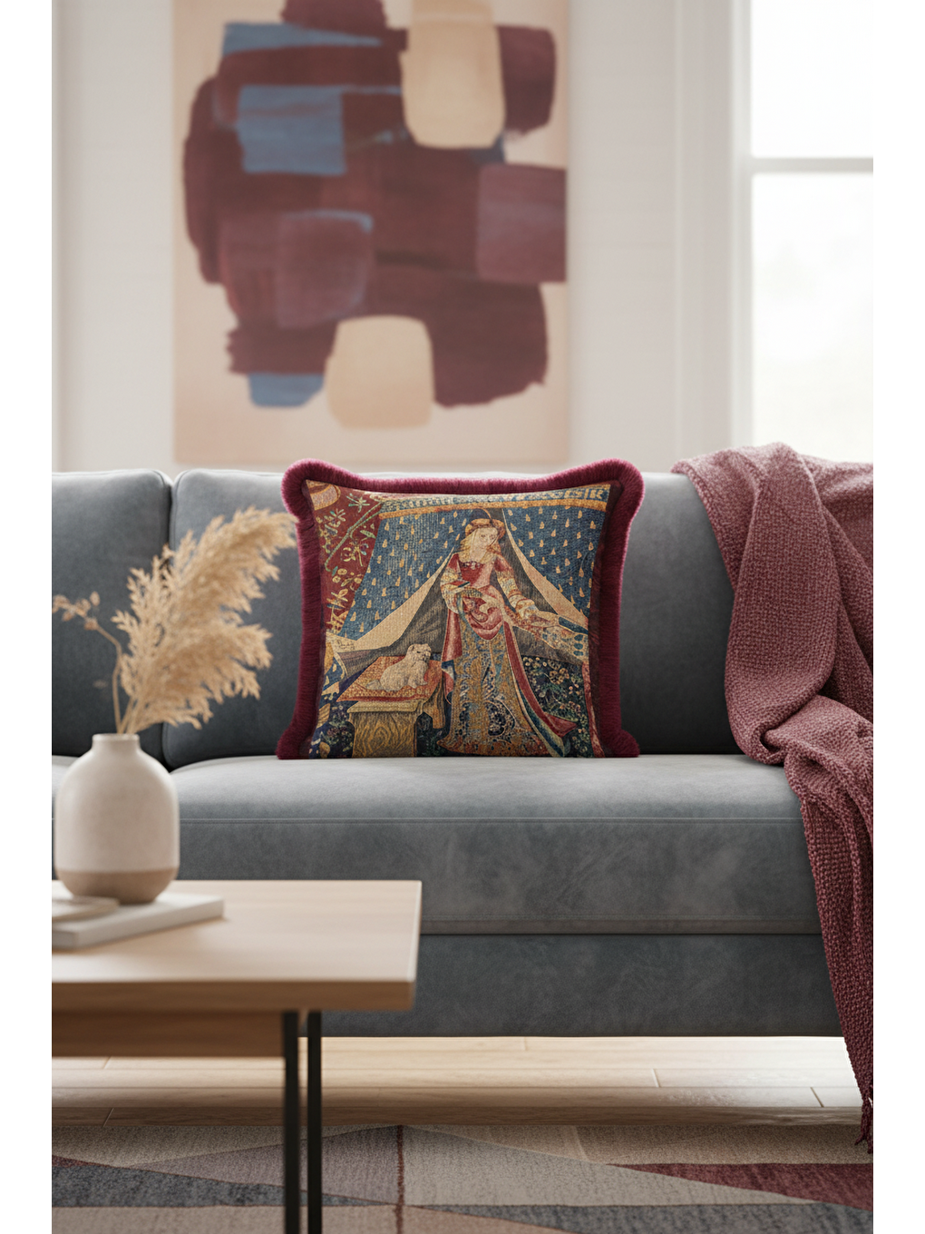 Karışık Orta Çağ Zarif Saçaklı Yastık Kılıfı - Şato Temalı Klasik Bordo Altın Renkli Püsküllü Kırlent Kılıfı-1