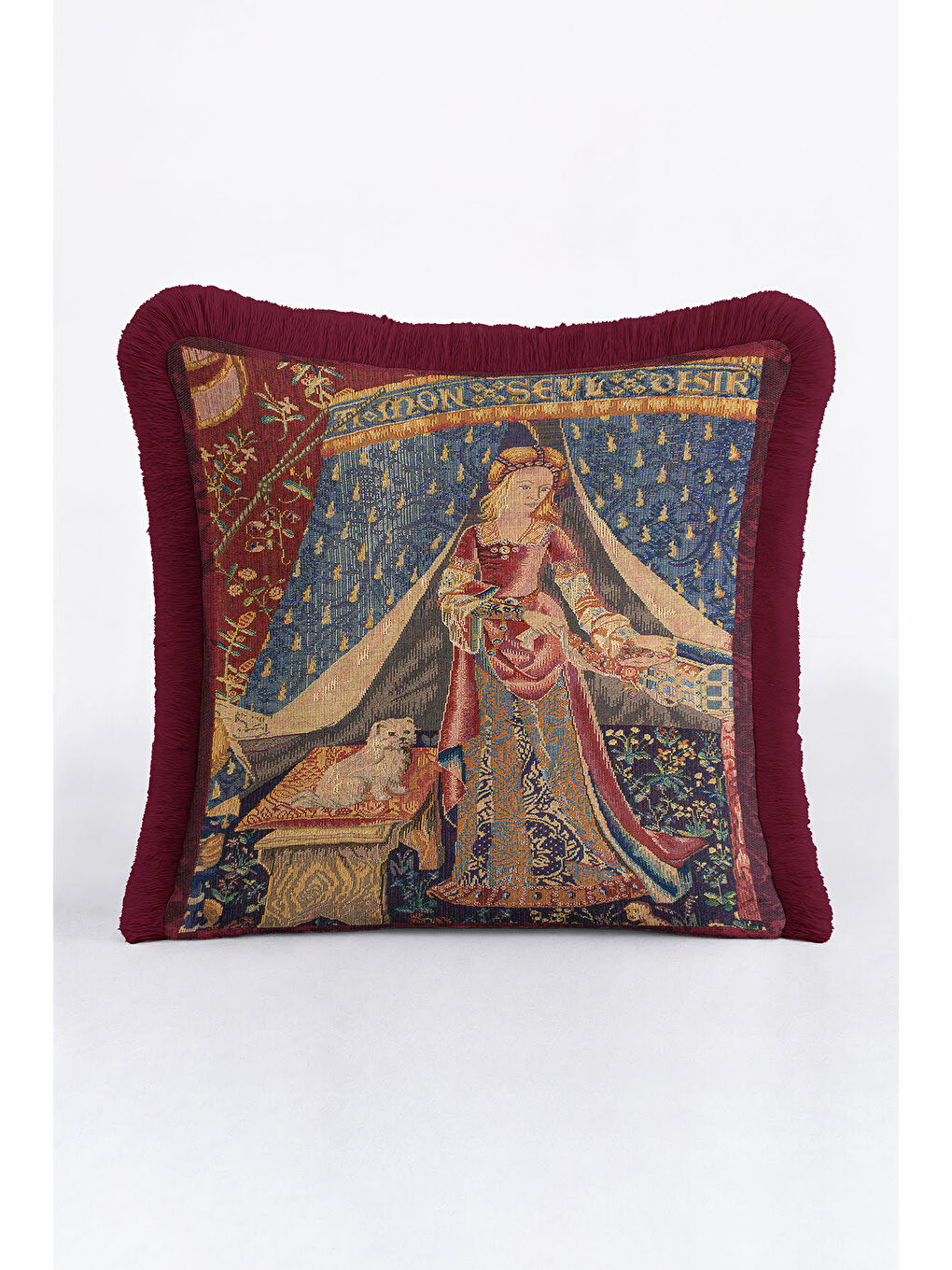 Karışık Orta Çağ Zarif Saçaklı Yastık Kılıfı - Şato Temalı Klasik Bordo Altın Renkli Püsküllü Kırlent Kılıfı-2