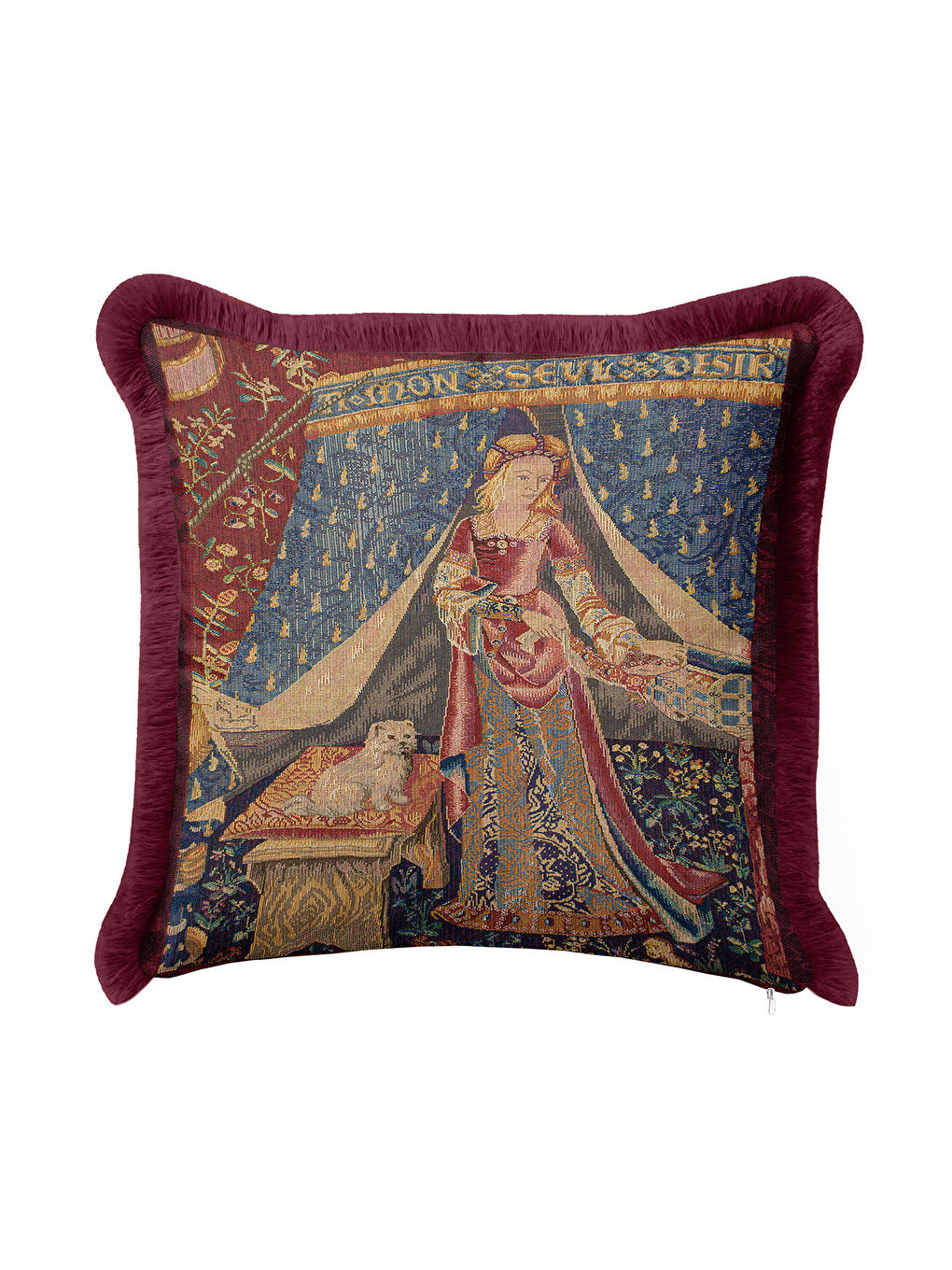 Karışık Orta Çağ Zarif Saçaklı Yastık Kılıfı - Şato Temalı Klasik Bordo Altın Renkli Püsküllü Kırlent Kılıfı-3