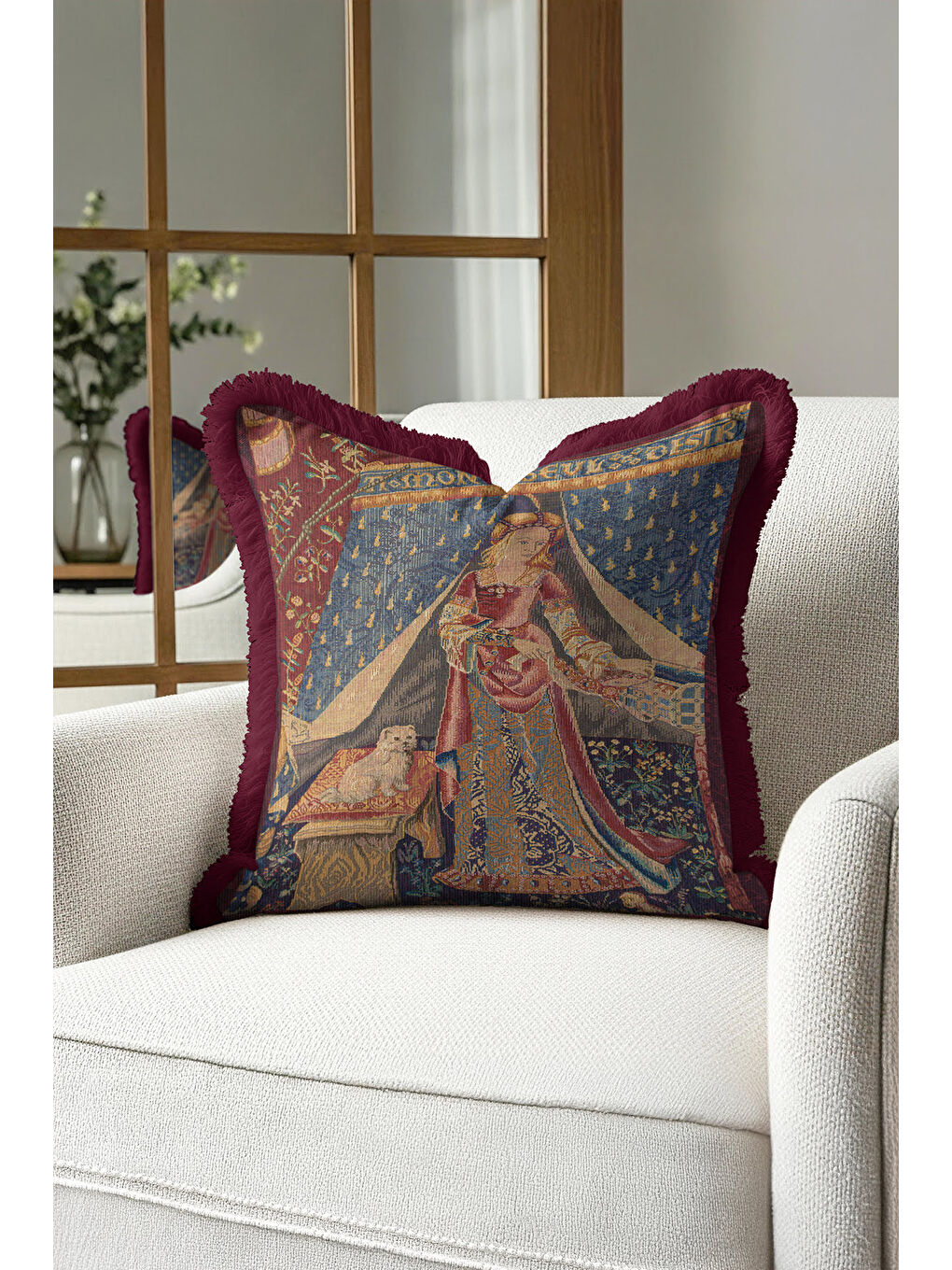 Karışık Orta Çağ Zarif Saçaklı Yastık Kılıfı - Şato Temalı Klasik Bordo Altın Renkli Püsküllü Kırlent Kılıfı-4