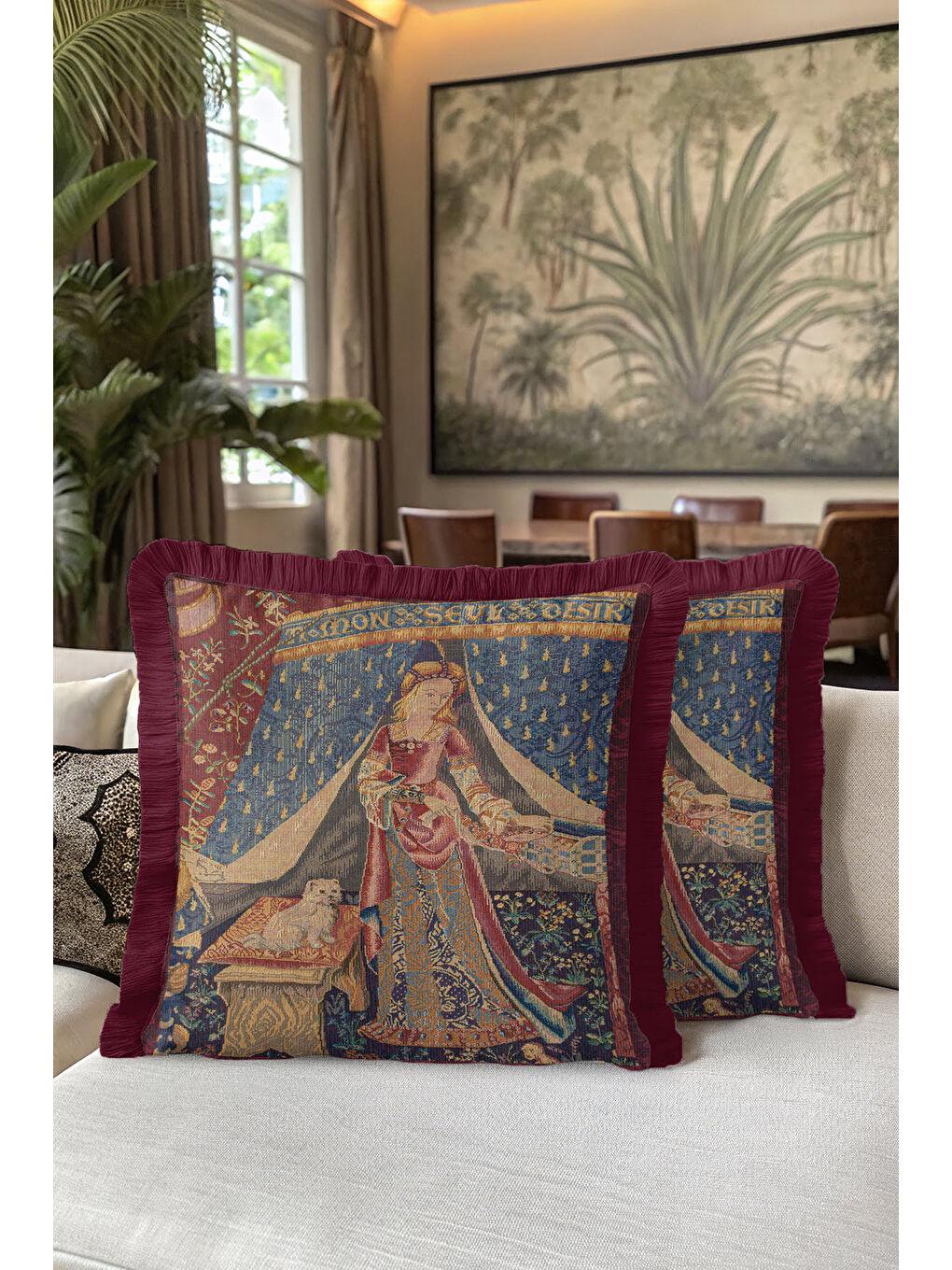 Karışık Orta Çağ Zarif Saçaklı Yastık Kılıfı - Şato Temalı Klasik Bordo Altın Renkli Püsküllü Kırlent Kılıfı-5