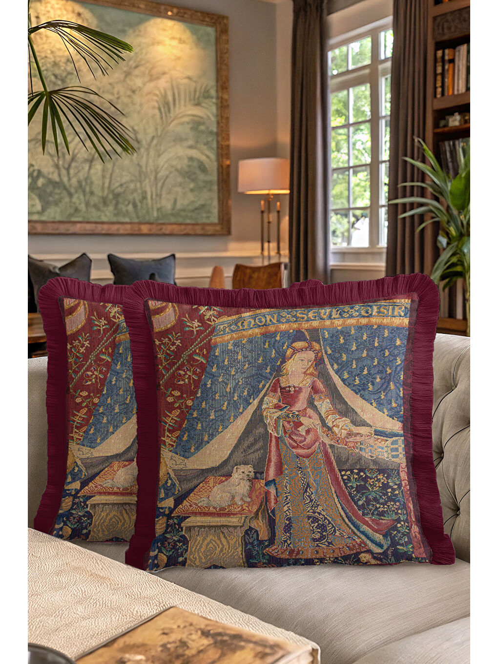Karışık Orta Çağ Zarif Saçaklı Yastık Kılıfı - Şato Temalı Klasik Bordo Altın Renkli Püsküllü Kırlent Kılıfı-7