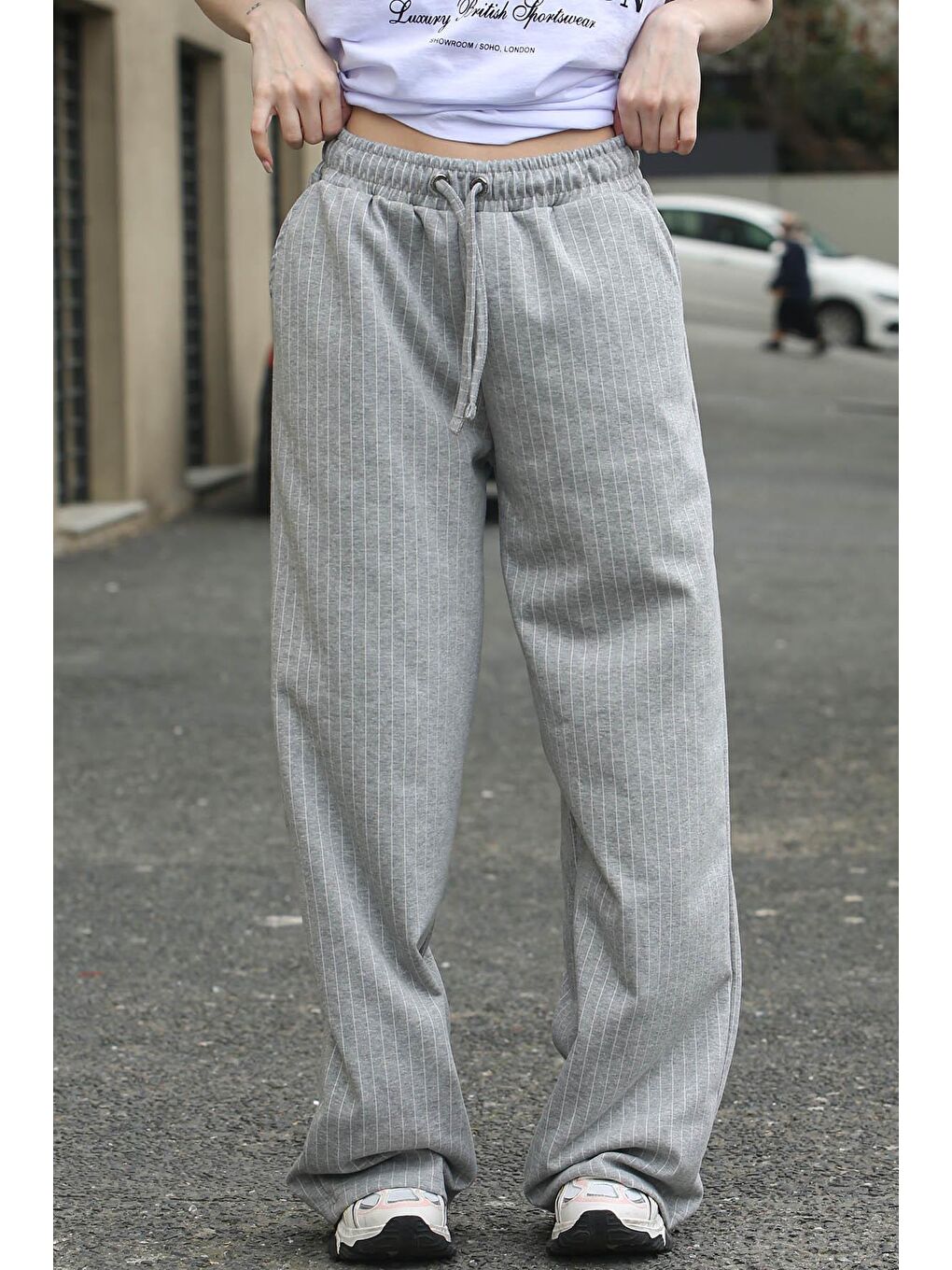 Gri Çizgili Oversize Kadın Pantolon Mg1809-1