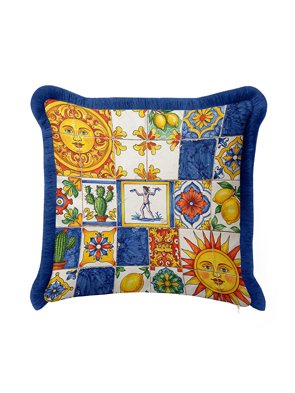 Karışık Mediterranean Lüks Saçaklı Yastık Kılıfı - Renkli Güneş Motifli Akdeniz Mavi Püsküllü Kırlent Kılıfı-1