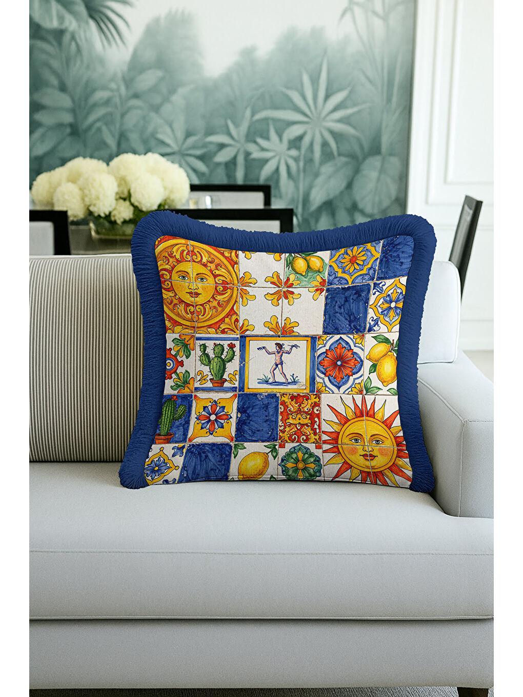 Karışık Mediterranean Lüks Saçaklı Yastık Kılıfı - Renkli Güneş Motifli Akdeniz Mavi Püsküllü Kırlent Kılıfı-2
