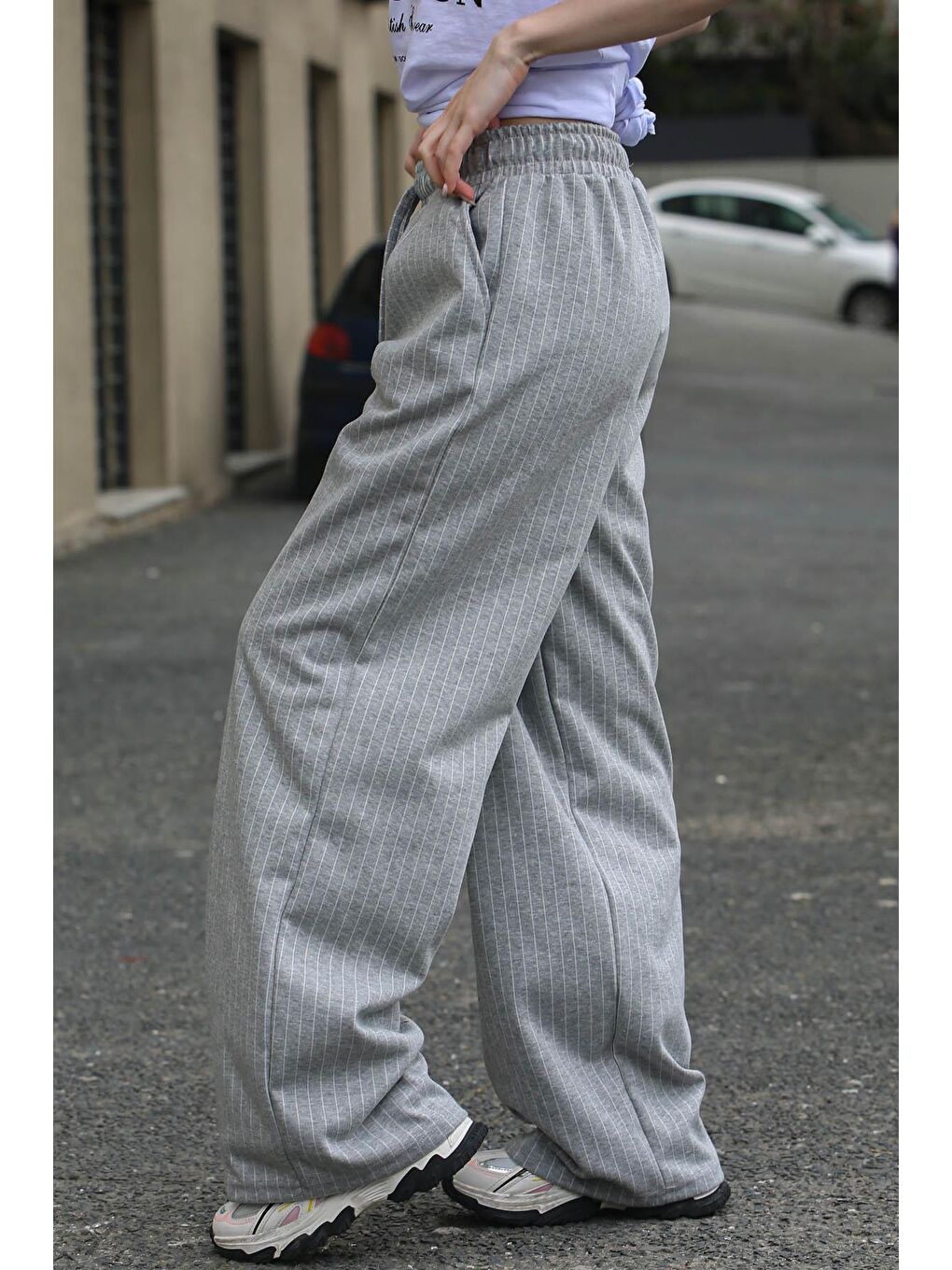 Gri Çizgili Oversize Kadın Pantolon Mg1809-2