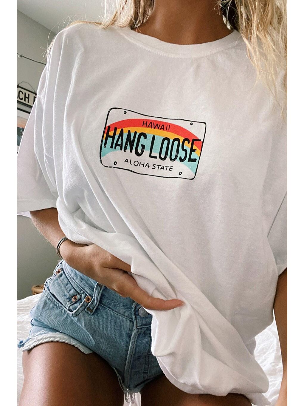 Kadın Beyaz Baskılı Oversize Tişört Mg808-2