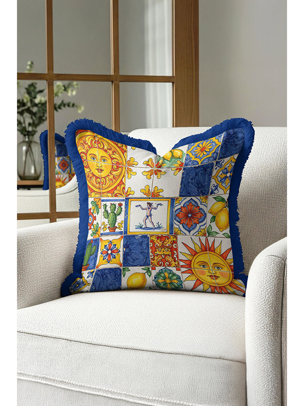 Karışık Mediterranean Lüks Saçaklı Yastık Kılıfı - Renkli Güneş Motifli Akdeniz Mavi Püsküllü Kırlent Kılıfı-3