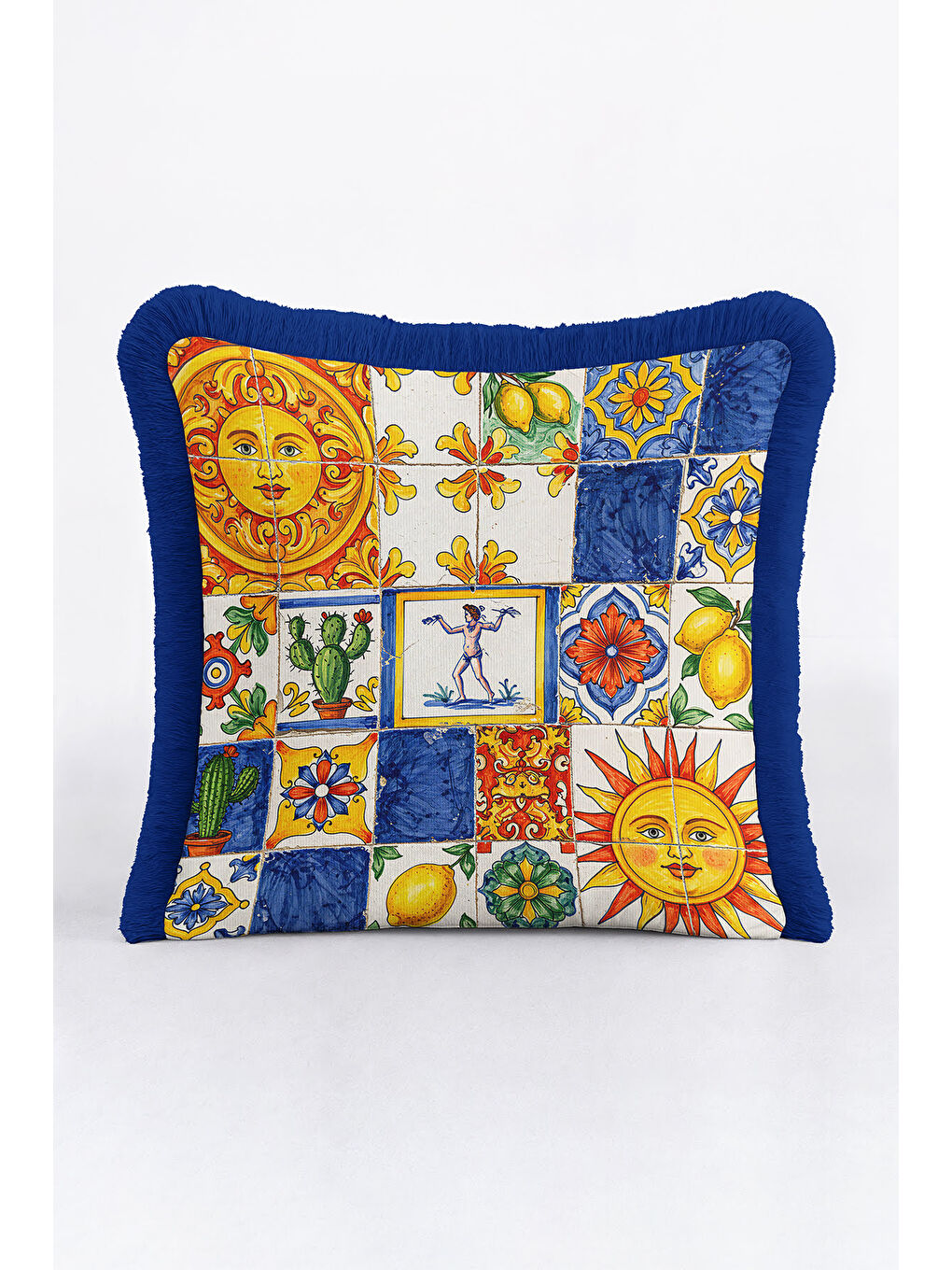 Karışık Mediterranean Lüks Saçaklı Yastık Kılıfı - Renkli Güneş Motifli Akdeniz Mavi Püsküllü Kırlent Kılıfı-4