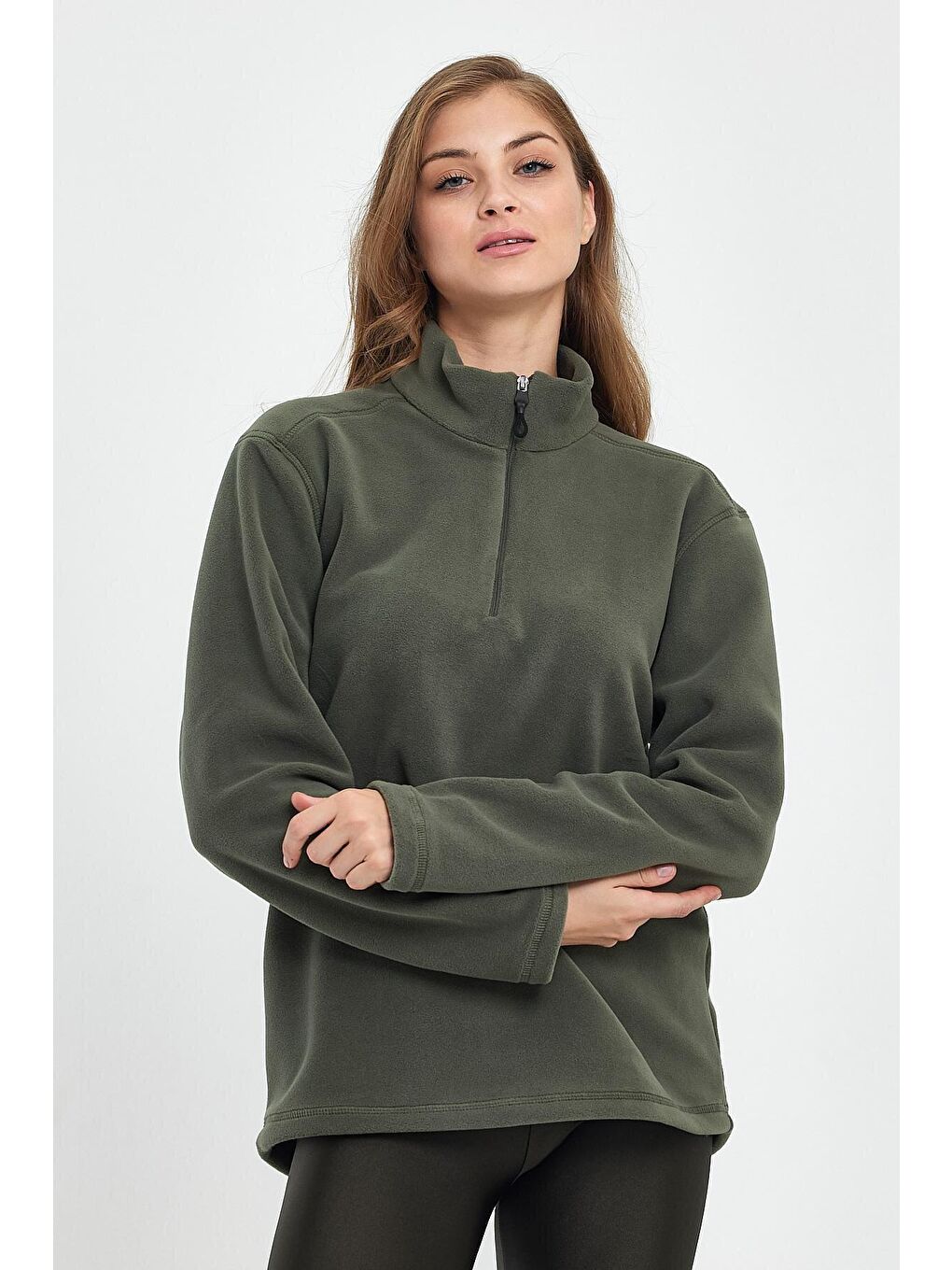 Haki Kadın Rahat Kalıp Softech Polar Yarım Fermuarlı Sweatshırt spr24pwk20-1