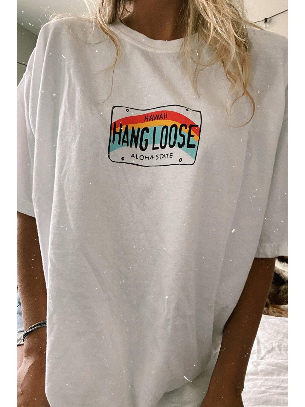 Kadın Beyaz Baskılı Oversize Tişört Mg808-3