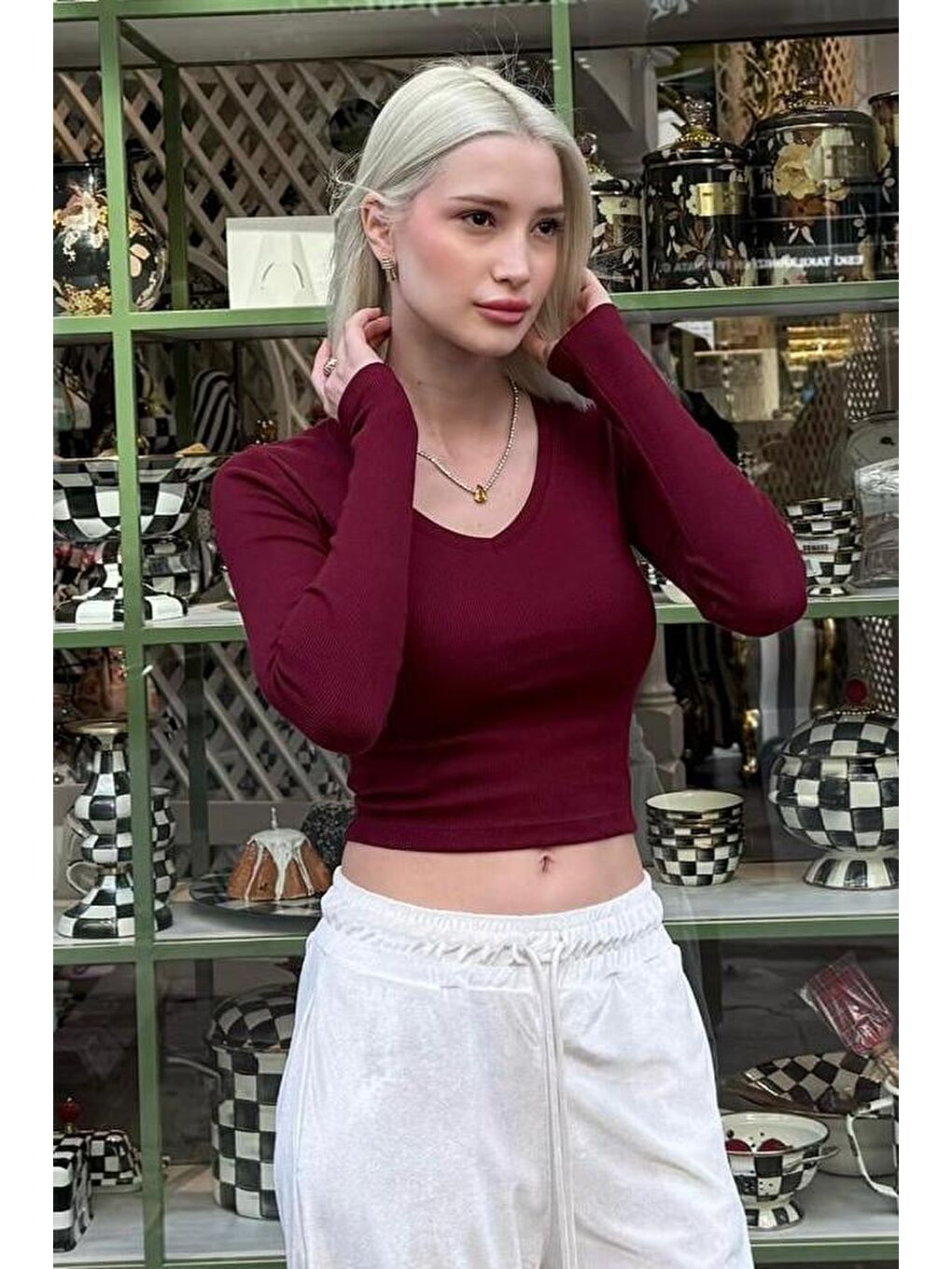 Bordo V Yaka Uzun Kollu Kaşkorse Body Mg2192-1