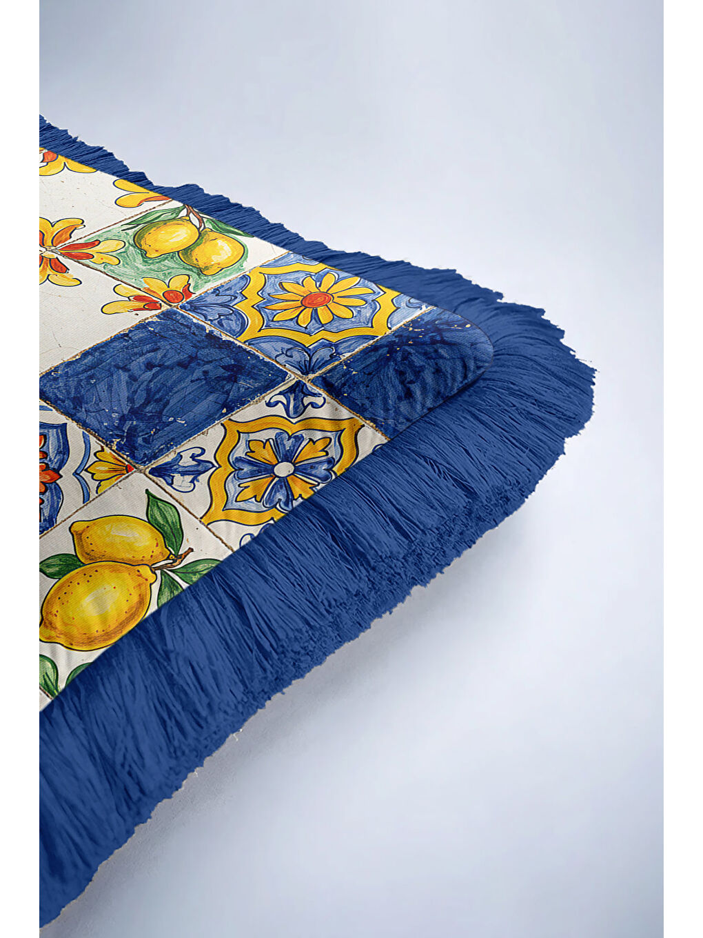 Karışık Mediterranean Lüks Saçaklı Yastık Kılıfı - Renkli Güneş Motifli Akdeniz Mavi Püsküllü Kırlent Kılıfı-6