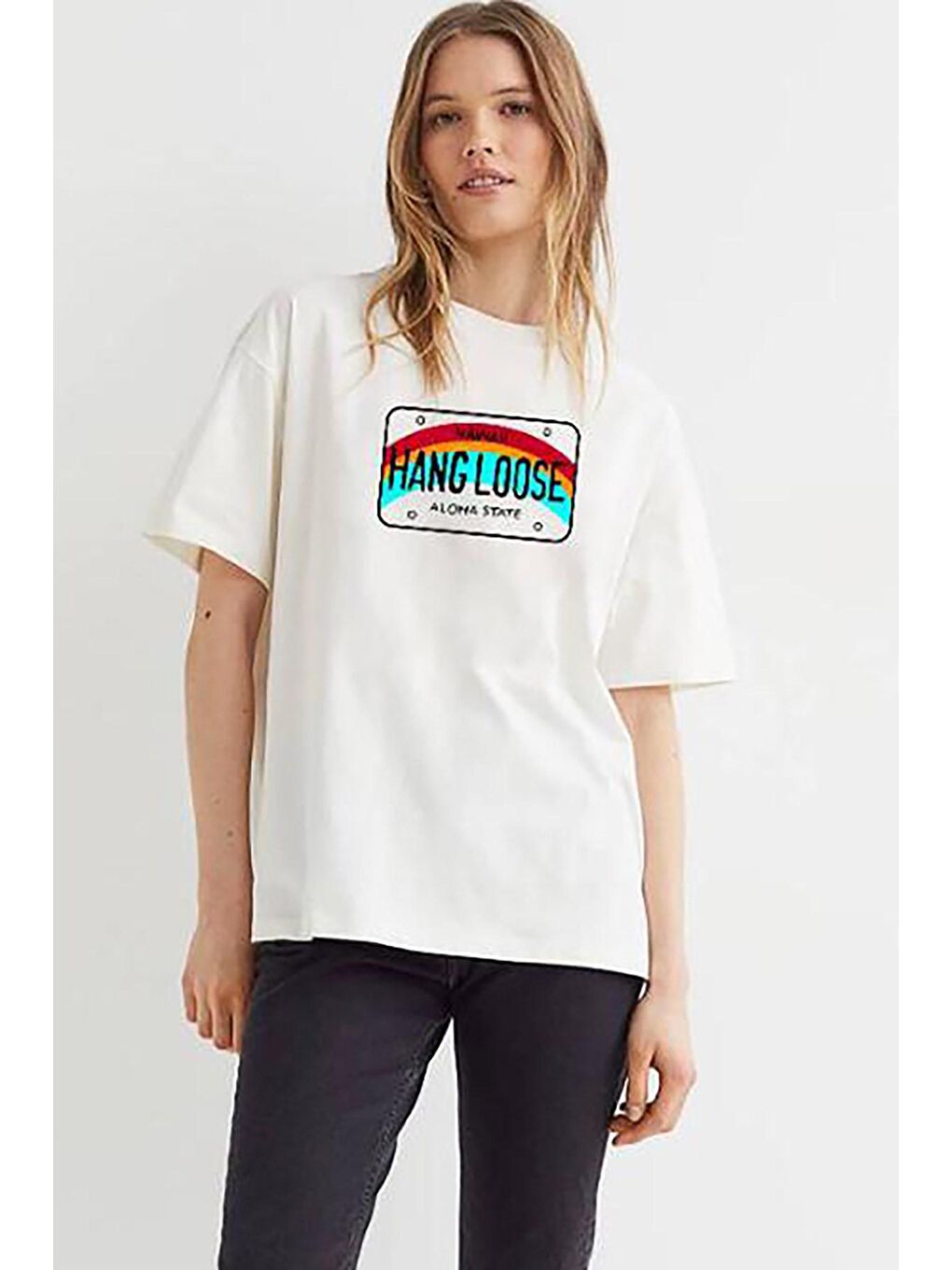 Kadın Beyaz Baskılı Oversize Tişört Mg808-4