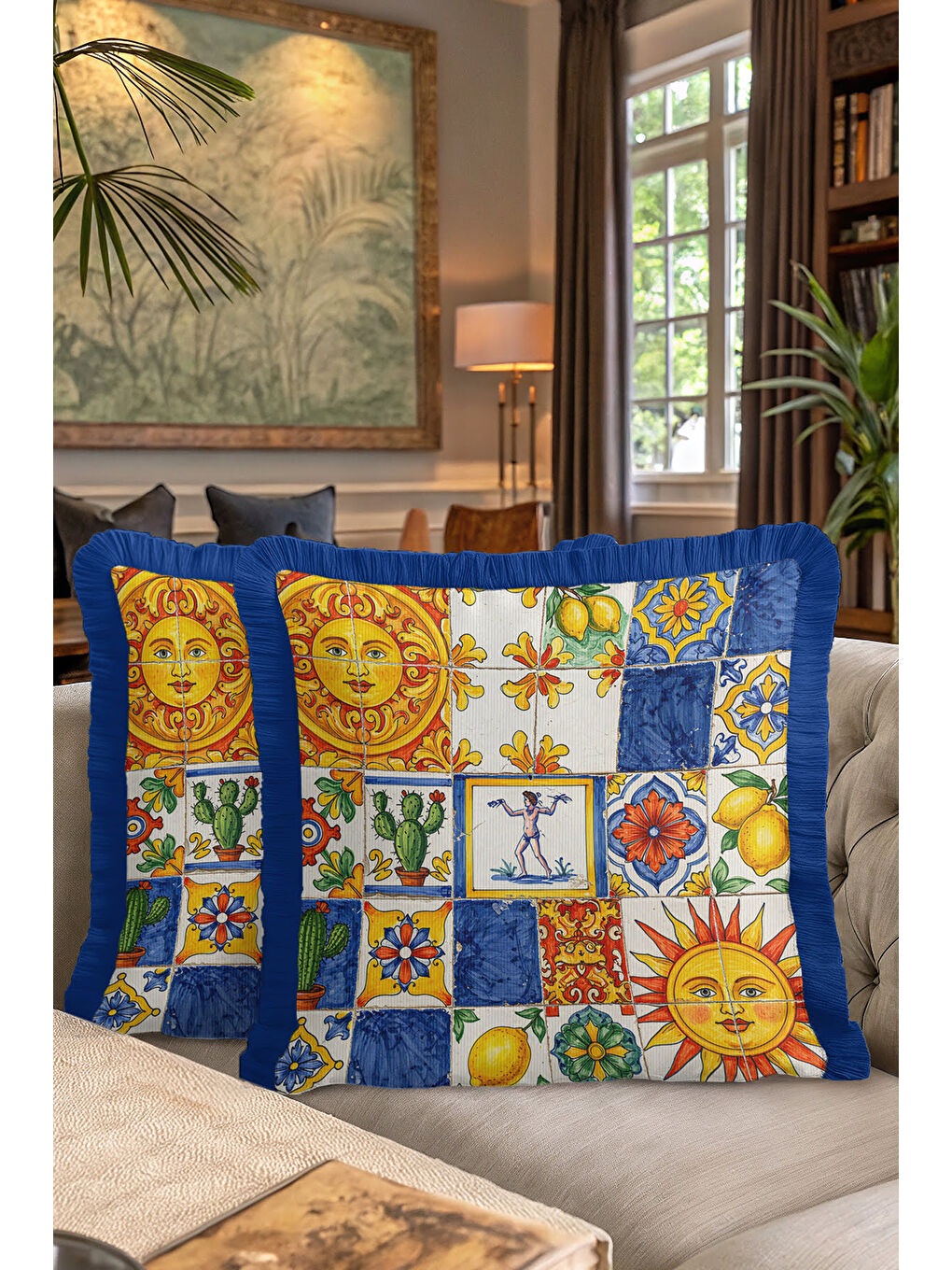Karışık Mediterranean Lüks Saçaklı Yastık Kılıfı - Renkli Güneş Motifli Akdeniz Mavi Püsküllü Kırlent Kılıfı-7