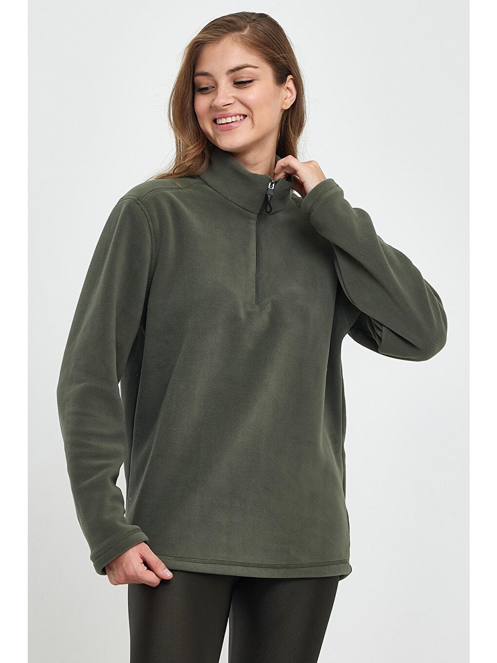 Haki Kadın Rahat Kalıp Softech Polar Yarım Fermuarlı Sweatshırt spr24pwk20-2