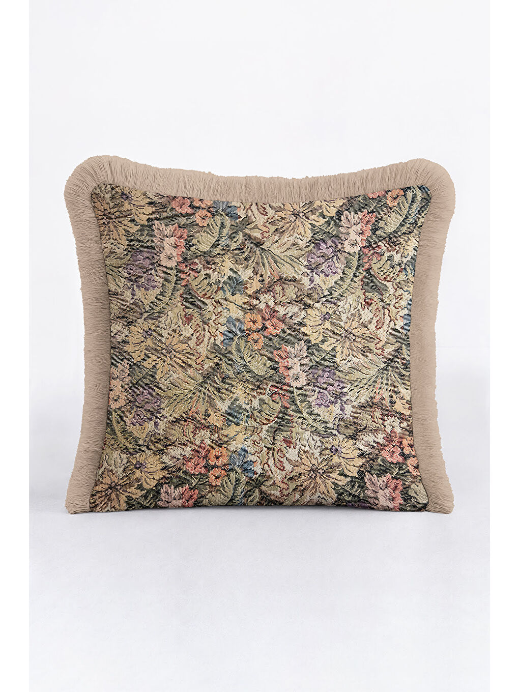 Karışık Klasik Kraliyet Sarayı Saçaklı Yastık Kılıfı - Vintage Nostaljik Çiçekli Bej Püsküllü Kırlent Kılıfı