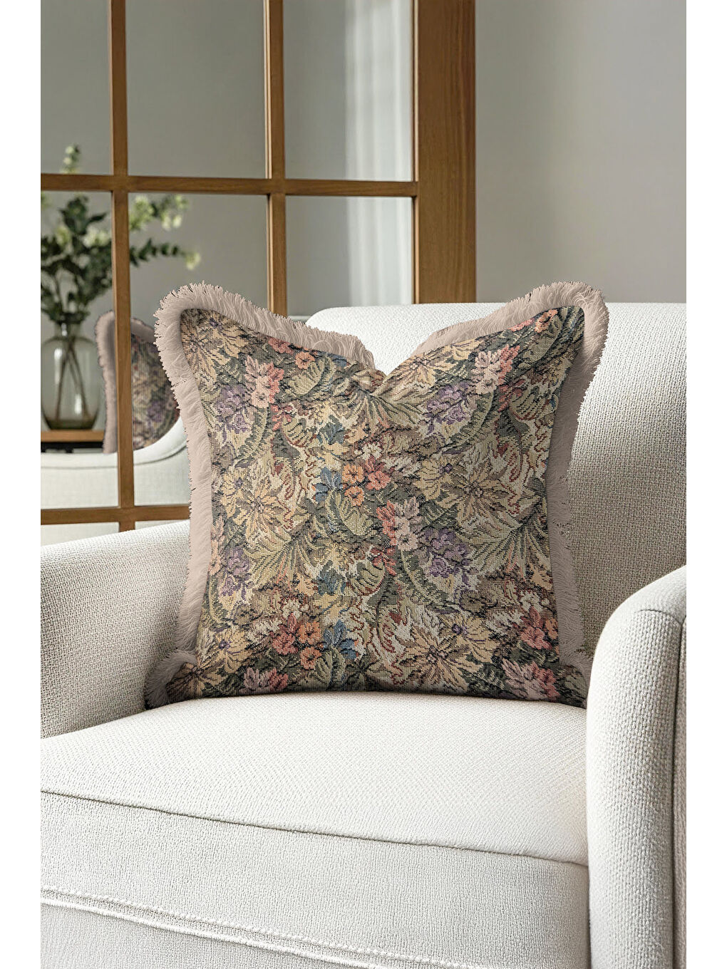 Karışık Klasik Kraliyet Sarayı Saçaklı Yastık Kılıfı - Vintage Nostaljik Çiçekli Bej Püsküllü Kırlent Kılıfı-1