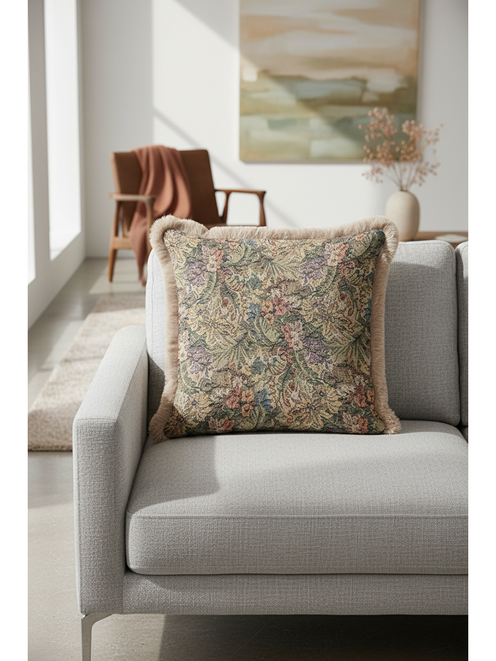 Karışık Klasik Kraliyet Sarayı Saçaklı Yastık Kılıfı - Vintage Nostaljik Çiçekli Bej Püsküllü Kırlent Kılıfı-2