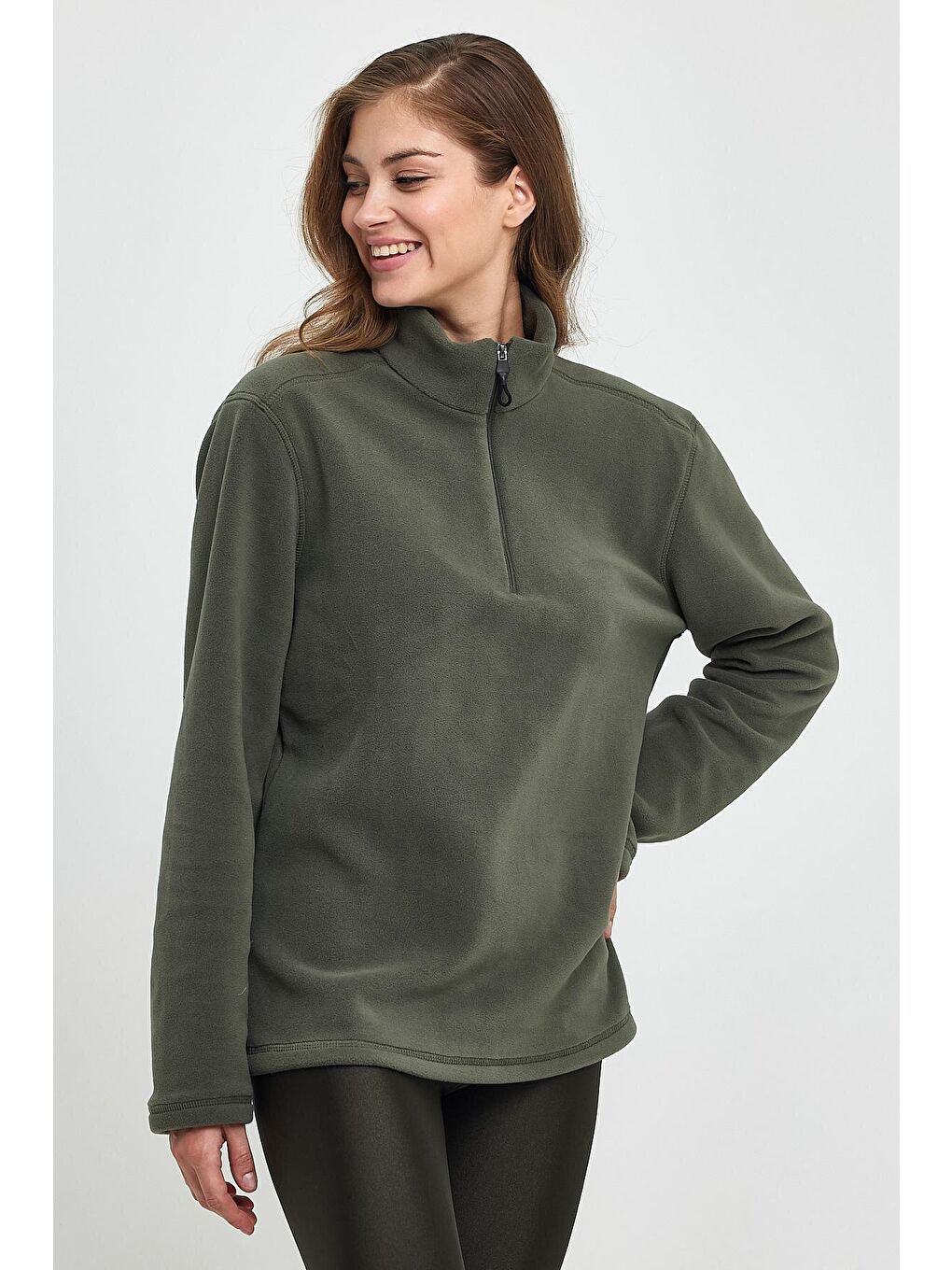 Haki Kadın Rahat Kalıp Softech Polar Yarım Fermuarlı Sweatshırt spr24pwk20-3