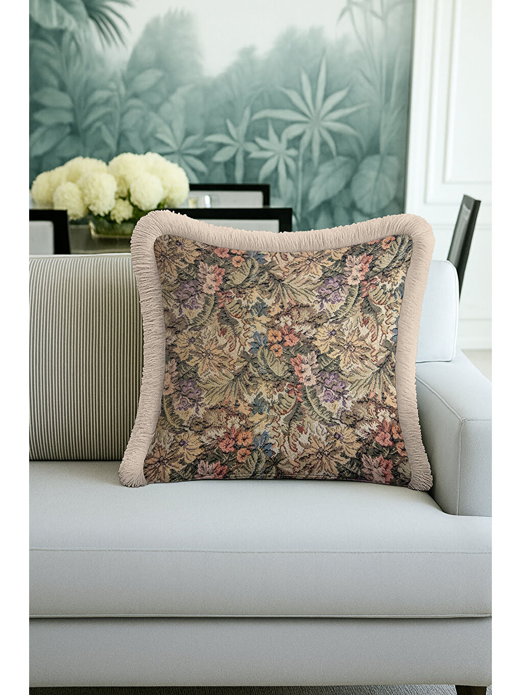 Karışık Klasik Kraliyet Sarayı Saçaklı Yastık Kılıfı - Vintage Nostaljik Çiçekli Bej Püsküllü Kırlent Kılıfı-3