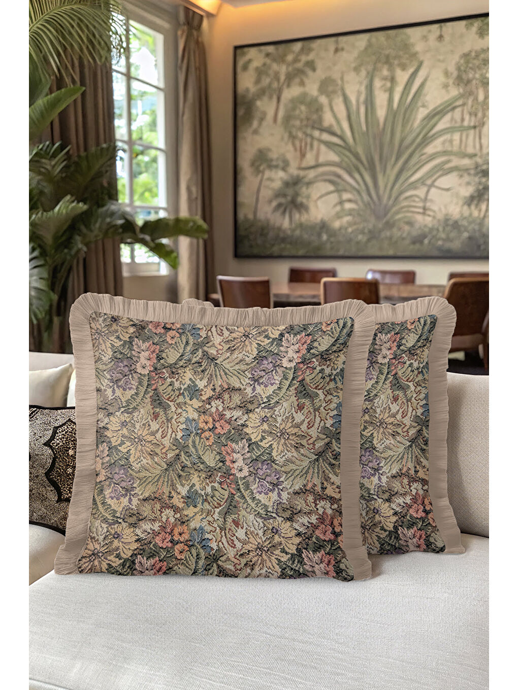 Karışık Klasik Kraliyet Sarayı Saçaklı Yastık Kılıfı - Vintage Nostaljik Çiçekli Bej Püsküllü Kırlent Kılıfı-5
