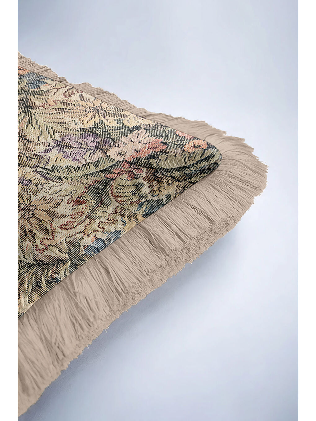 Karışık Klasik Kraliyet Sarayı Saçaklı Yastık Kılıfı - Vintage Nostaljik Çiçekli Bej Püsküllü Kırlent Kılıfı-6