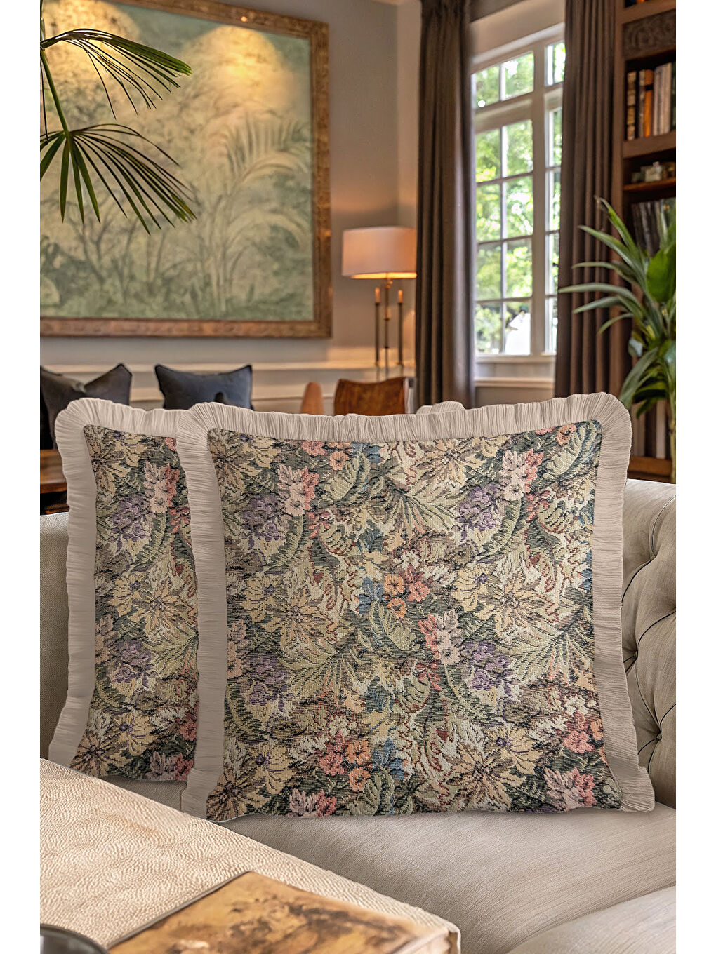Karışık Klasik Kraliyet Sarayı Saçaklı Yastık Kılıfı - Vintage Nostaljik Çiçekli Bej Püsküllü Kırlent Kılıfı-7