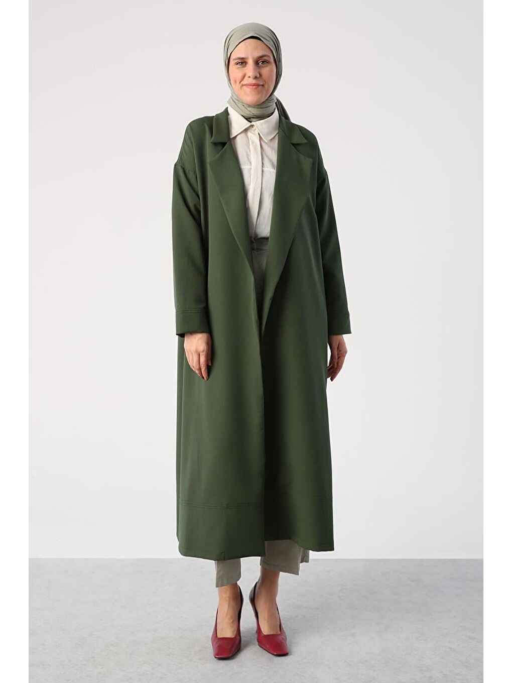 Koyu Yeşil-Ceket Yaka Cepli Uzun Kap-1