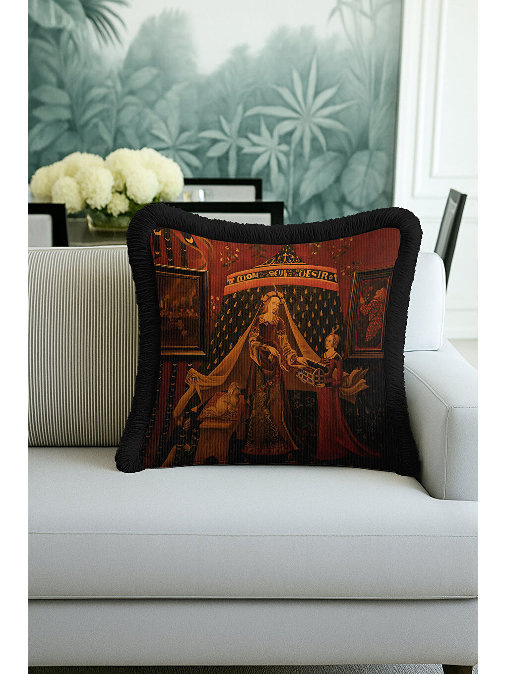 Karışık Orta Çağ Sanat Etkili Saçaklı Yastık Kılıfı - Gotik Klasik Koyu Kırmızı Gold Püsküllü Kırlent Kılıfı