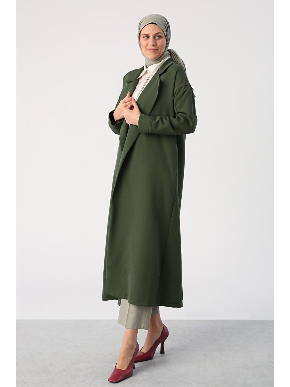 Koyu Yeşil-Ceket Yaka Cepli Uzun Kap-2