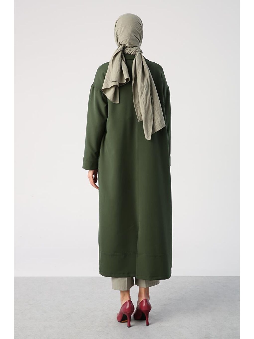 Koyu Yeşil-Ceket Yaka Cepli Uzun Kap-3