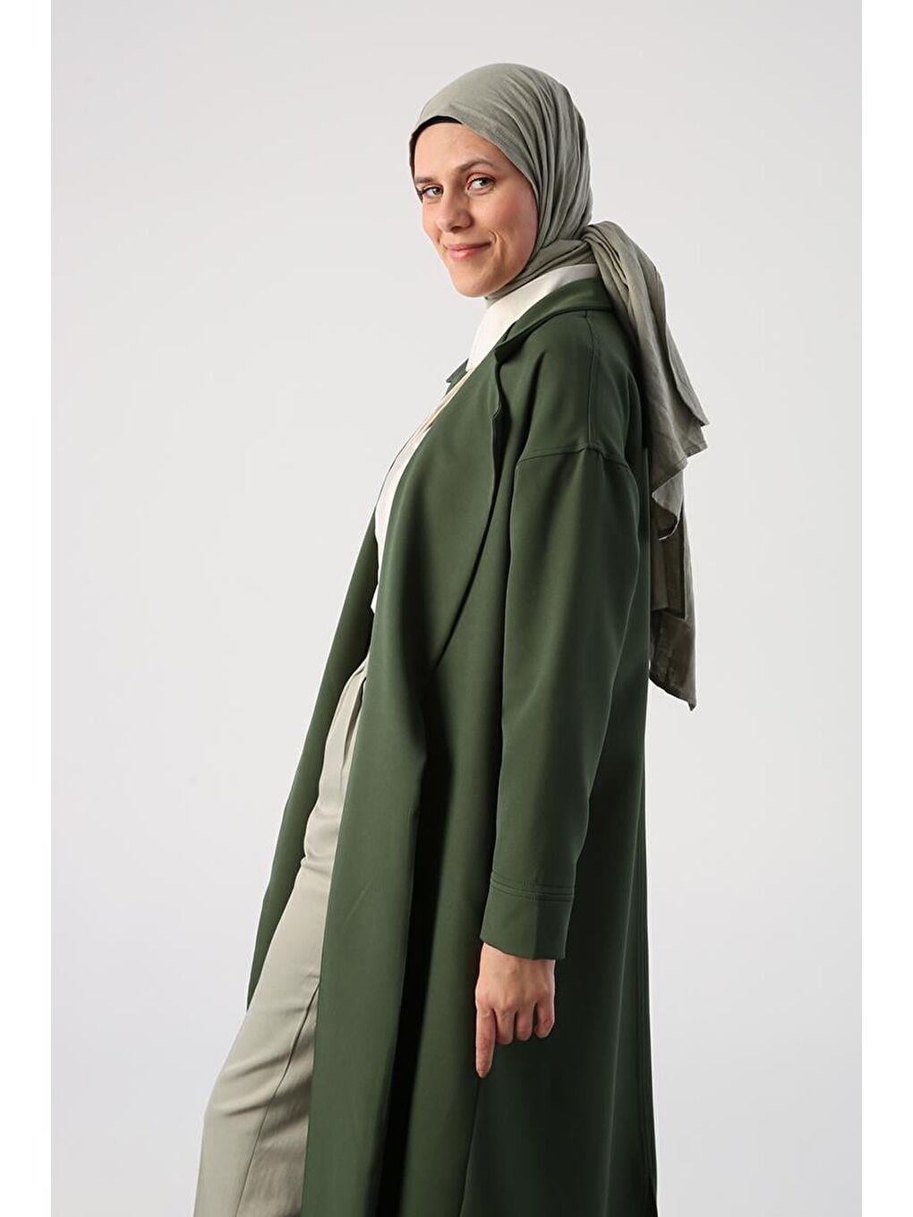 Koyu Yeşil-Ceket Yaka Cepli Uzun Kap-4
