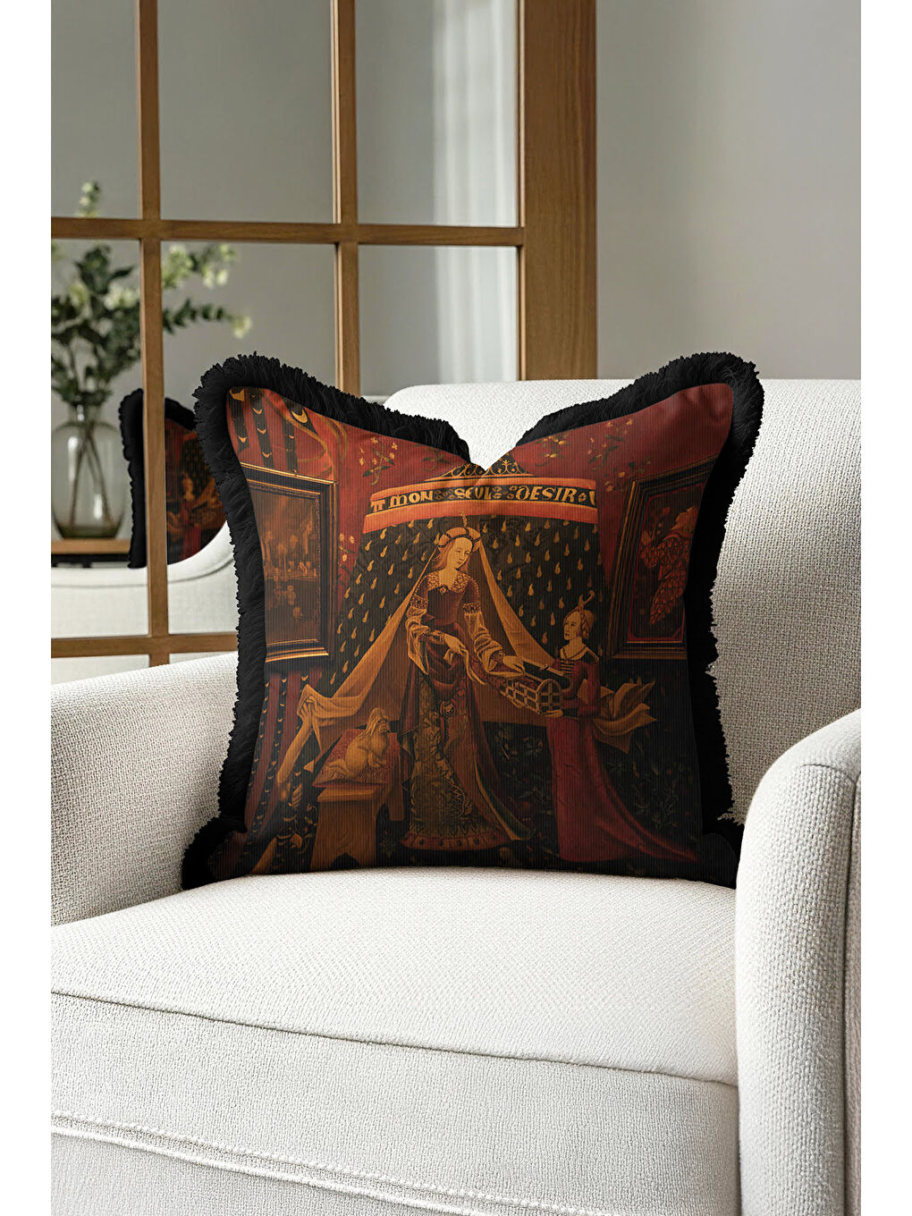 Karışık Orta Çağ Sanat Etkili Saçaklı Yastık Kılıfı - Gotik Klasik Koyu Kırmızı Gold Püsküllü Kırlent Kılıfı-1