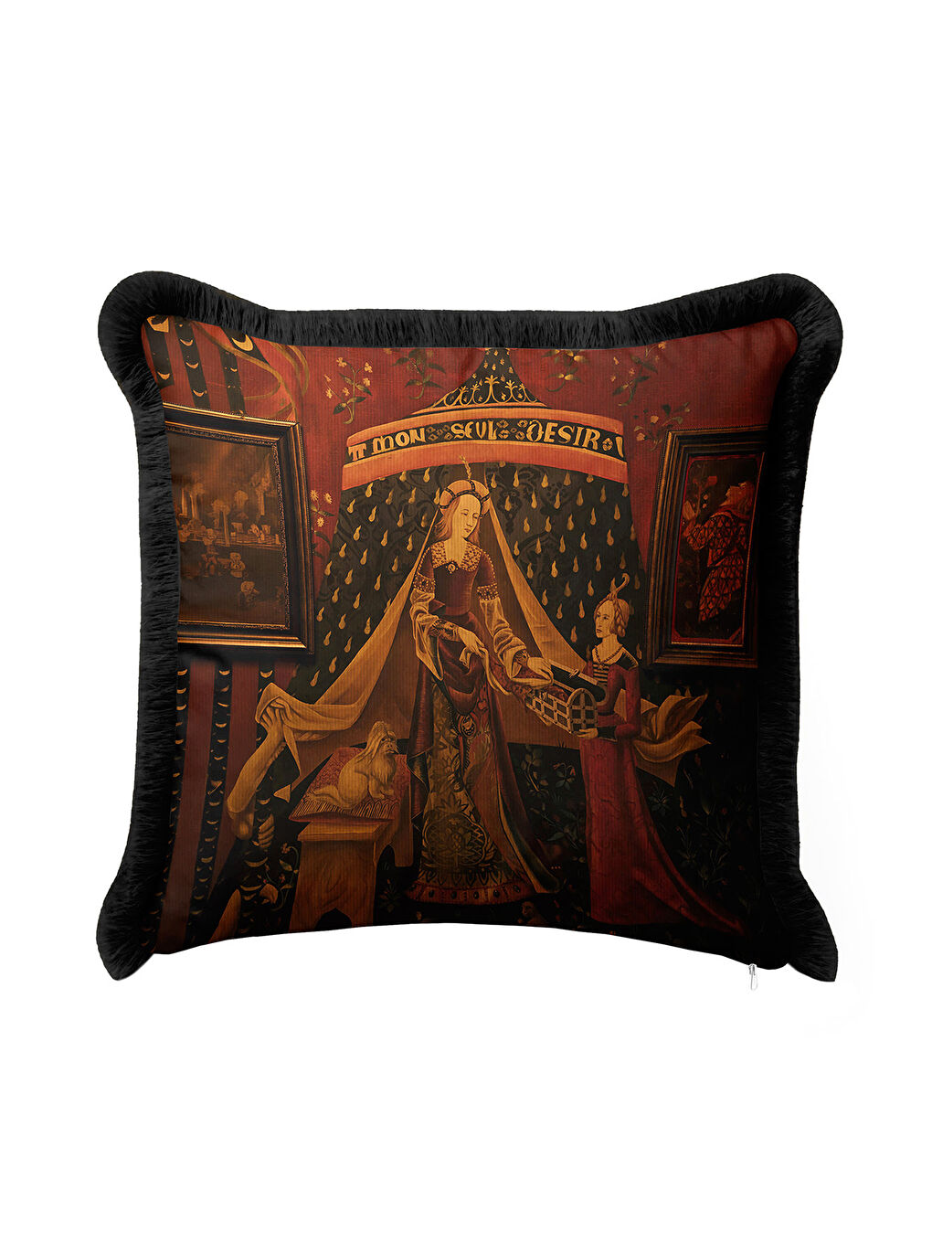 Karışık Orta Çağ Sanat Etkili Saçaklı Yastık Kılıfı - Gotik Klasik Koyu Kırmızı Gold Püsküllü Kırlent Kılıfı-2