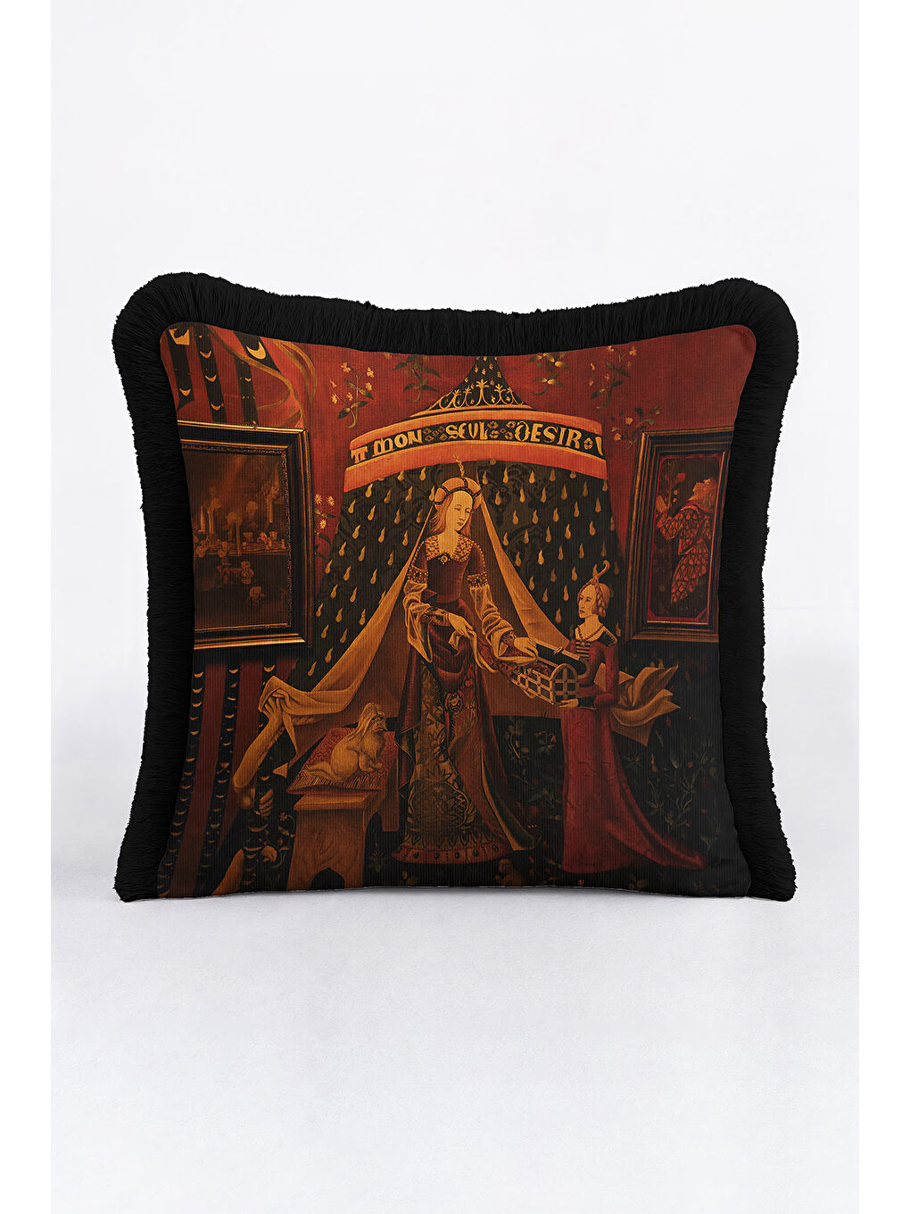 Karışık Orta Çağ Sanat Etkili Saçaklı Yastık Kılıfı - Gotik Klasik Koyu Kırmızı Gold Püsküllü Kırlent Kılıfı-3