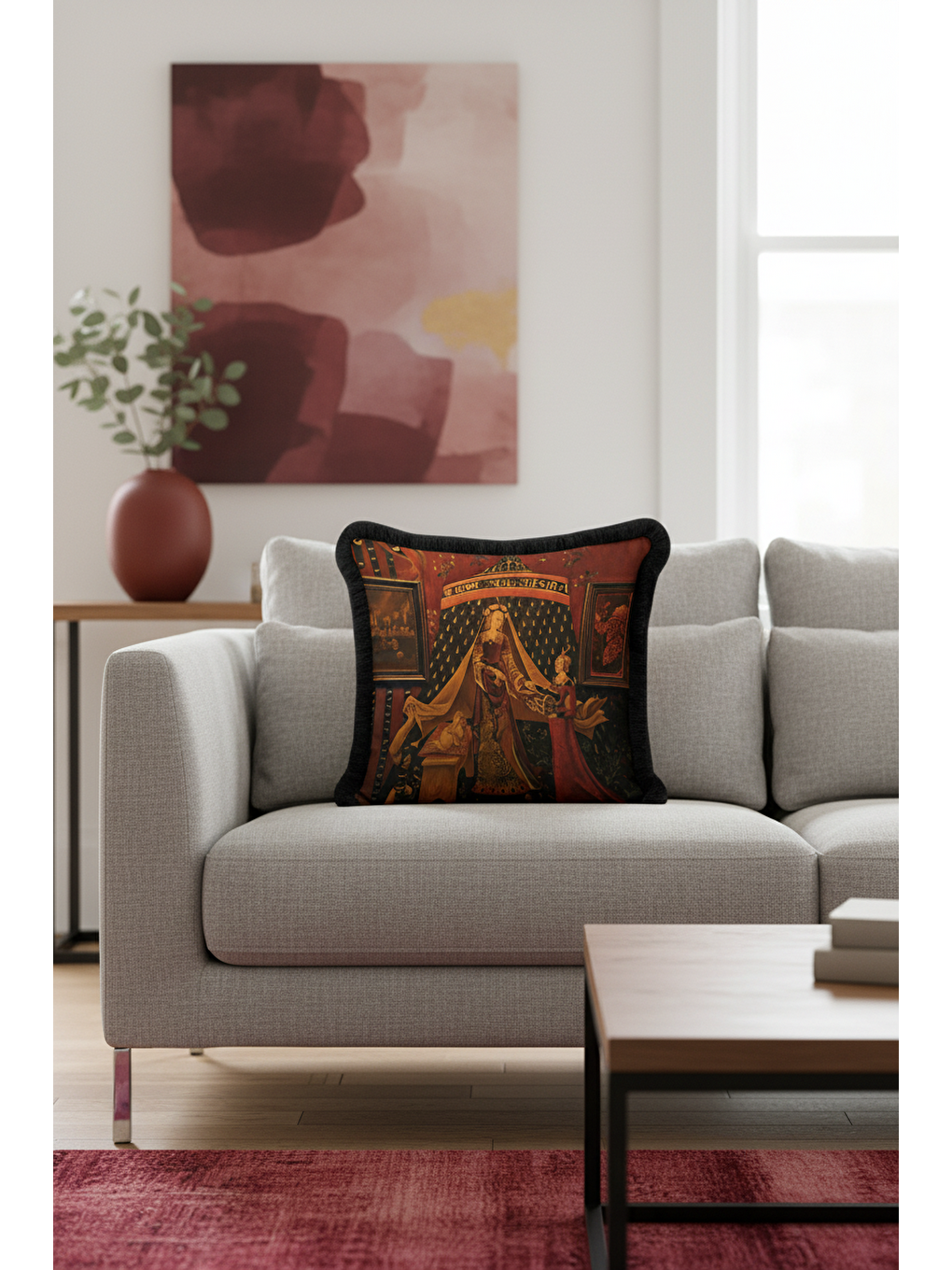 Karışık Orta Çağ Sanat Etkili Saçaklı Yastık Kılıfı - Gotik Klasik Koyu Kırmızı Gold Püsküllü Kırlent Kılıfı-4