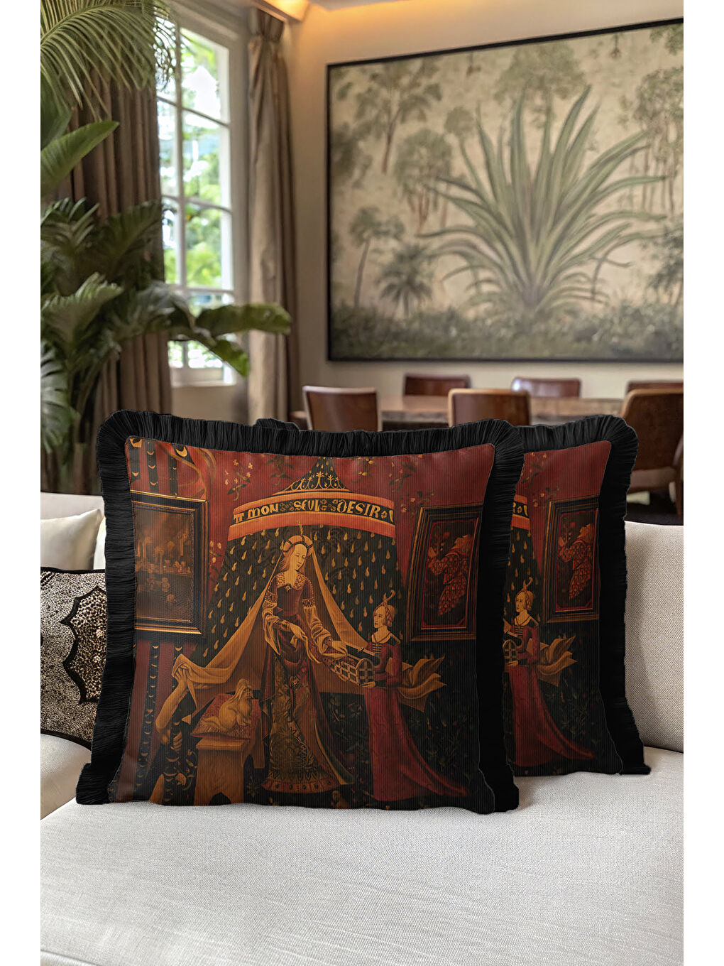 Karışık Orta Çağ Sanat Etkili Saçaklı Yastık Kılıfı - Gotik Klasik Koyu Kırmızı Gold Püsküllü Kırlent Kılıfı-5