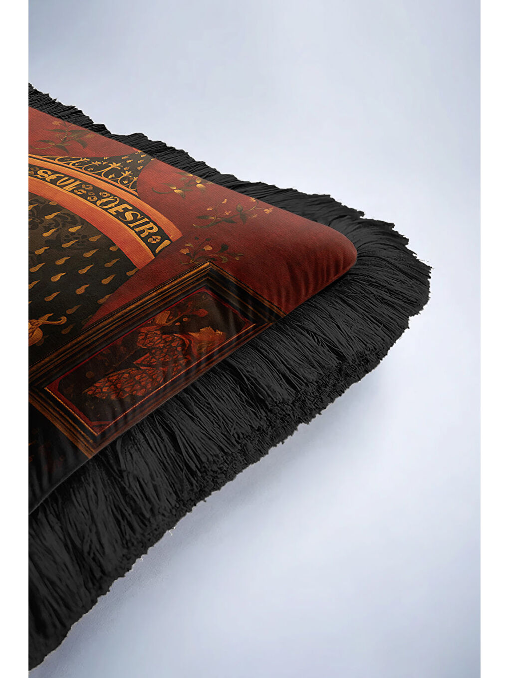 Karışık Orta Çağ Sanat Etkili Saçaklı Yastık Kılıfı - Gotik Klasik Koyu Kırmızı Gold Püsküllü Kırlent Kılıfı-6