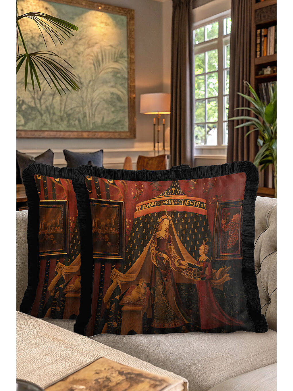 Karışık Orta Çağ Sanat Etkili Saçaklı Yastık Kılıfı - Gotik Klasik Koyu Kırmızı Gold Püsküllü Kırlent Kılıfı-7