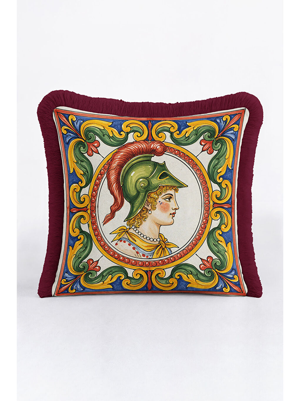 Karışık Antik Motifli Lüks Saçaklı Yastık Kılıfı - Rönesans Etnik Bordo Sarı Püsküllü Kırlent Kılıfı-1